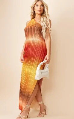 Brown Ombre Plisse One Shoulder Scoop Back Maxi Dress