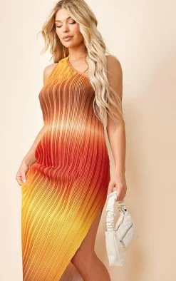 Brown Ombre Plisse One Shoulder Scoop Back Maxi Dress