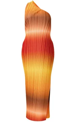 Brown Ombre Plisse One Shoulder Scoop Back Maxi Dress