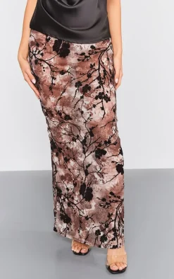 Brown Ombre Print Devore Mesh Maxi Skirt