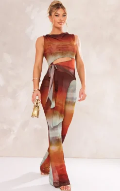 Brown Ombre Print Knot Detail Mesh Jumpsuit