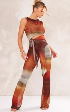 Brown Ombre Print Knot Detail Mesh Jumpsuit