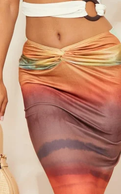 Brown Ombre Print Soft Touch Knot Front Midaxi Skirt