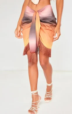 Brown Ombre Print Woven Tassel Wrap Skirt