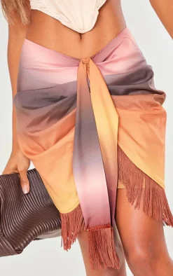 Brown Ombre Print Woven Tassel Wrap Skirt