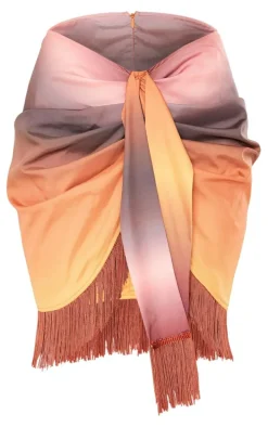 Brown Ombre Print Woven Tassel Wrap Skirt