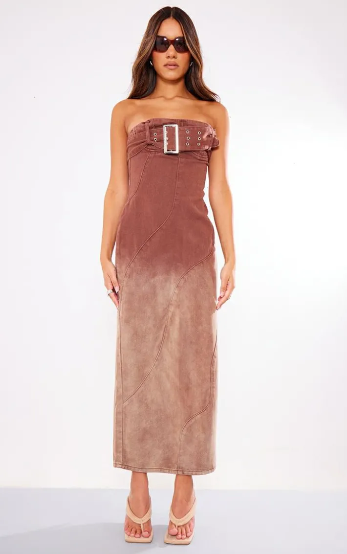 Brown Ombre Wash Bandeau Belted Denim Maxi Dress