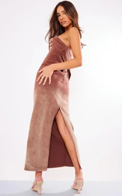Brown Ombre Wash Bandeau Belted Denim Maxi Dress
