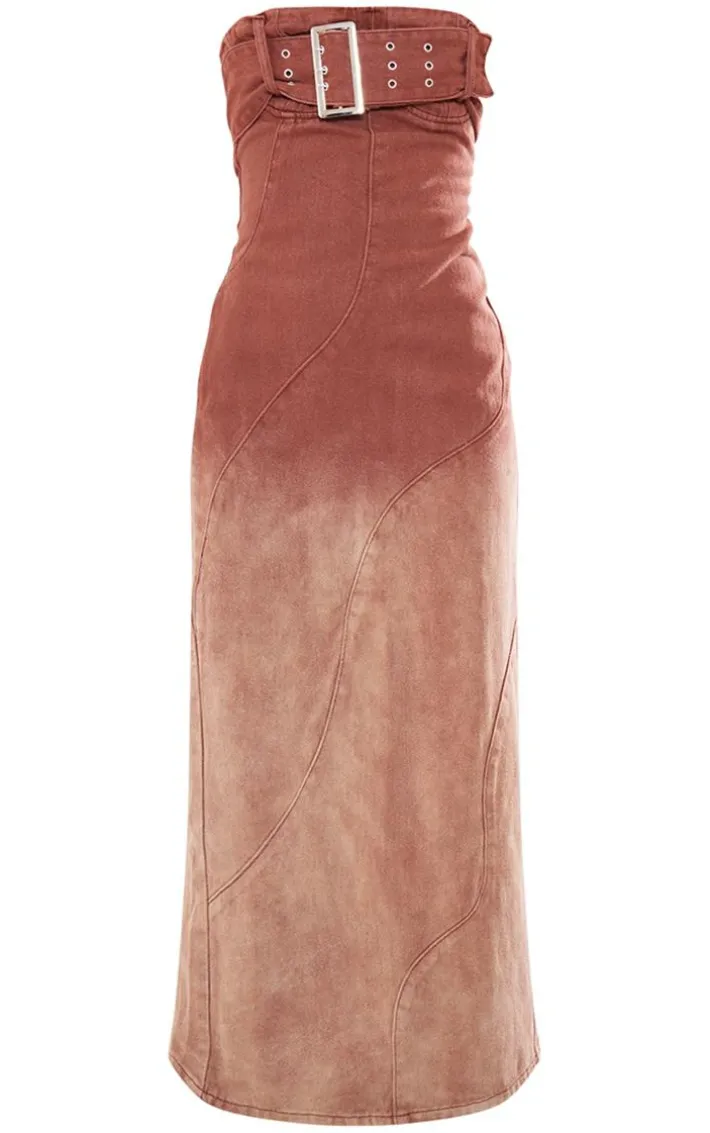 Brown Ombre Wash Bandeau Belted Denim Maxi Dress