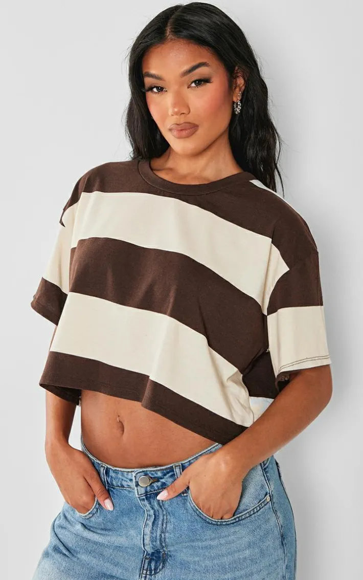 Brown Oversized Striped Crop Top