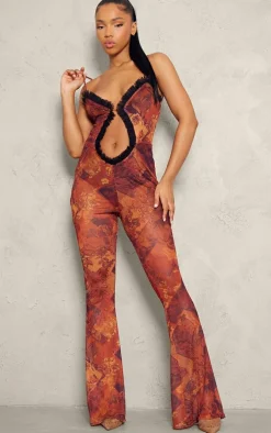 Brown Paisley Print Mesh Cut Out Frill Detail Jumpsuit