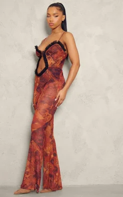 Brown Paisley Print Mesh Cut Out Frill Detail Jumpsuit