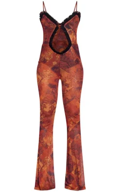 Brown Paisley Print Mesh Cut Out Frill Detail Jumpsuit