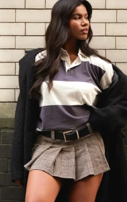 Brown Plaid Brushed Woven Belted Pleated Mini Skirt