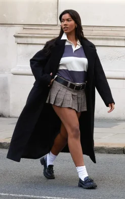 Brown Plaid Brushed Woven Belted Pleated Mini Skirt