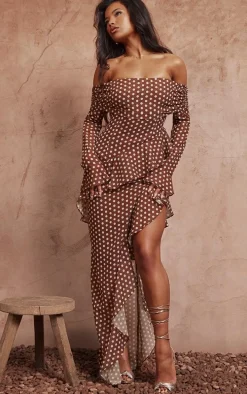 Brown Polka Dot Cowl Long Sleeve Midaxi Dress