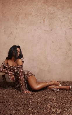 Brown Polka Dot Cowl Long Sleeve Midaxi Dress