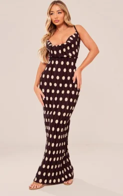 Brown Polka Dot Printed Plisse Strappy Maxi Dress