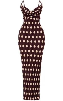 Brown Polka Dot Printed Plisse Strappy Maxi Dress