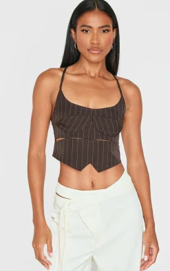 Brown Premium Woven Pinstripe Cross Back Cropped Corset
