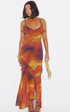 Brown Print Frill Strappy Maxi Dress