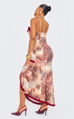 Brown Printed Cut Out Cami Split Hem Maxi Dress