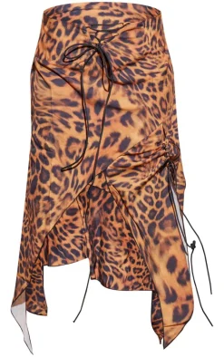 Brown Printed Handkerchief Hem Lace Up Midi Skirt