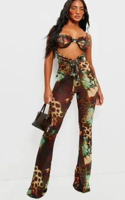 Brown Printed Mesh Cup Detail Cut Out Jumpsuit