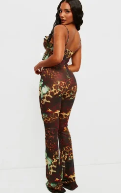 Brown Printed Mesh Cup Detail Cut Out Jumpsuit