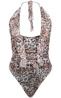 Brown Printed Mesh Ruffle Halterneck Bodysuit