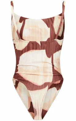 Brown Printed Plisse Cowl Neck Bodysuit
