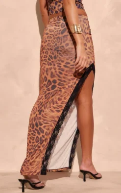 Brown Printed Slinky Lace Trim Maxi Skirt