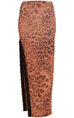 Brown Printed Slinky Lace Trim Maxi Skirt