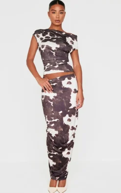 Brown Printed Soft Touch Ruched Side Maxi Skirt