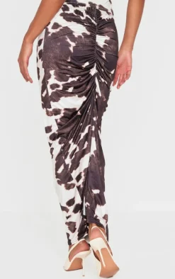 Brown Printed Soft Touch Ruched Side Maxi Skirt