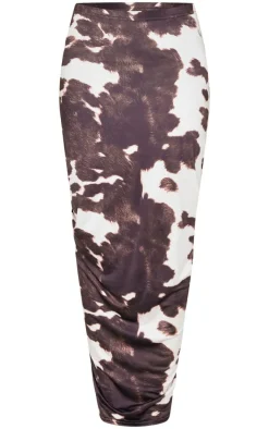 Brown Printed Soft Touch Ruched Side Maxi Skirt