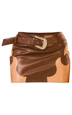 Brown PU Belted Micro Mini Skirt