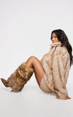 Brown Pu Faux Fur Fold Over Stiletto Knee High Heeled Boots