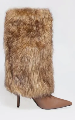 Brown Pu Faux Fur Fold Over Stiletto Knee High Heeled Boots