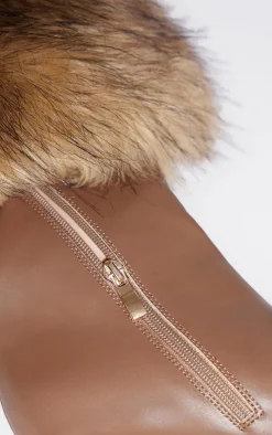 Brown Pu Faux Fur Fold Over Stiletto Knee High Heeled Boots