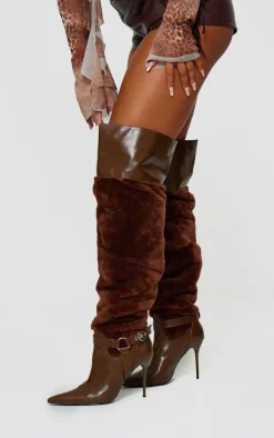 Brown PU Faux Fur Point Toe Over The Knee High Stiletto Heeled Boots