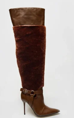 Brown PU Faux Fur Point Toe Over The Knee High Stiletto Heeled Boots
