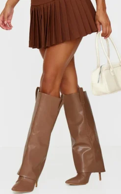 Brown Pu Fold Over Point Toe Heeled Boots