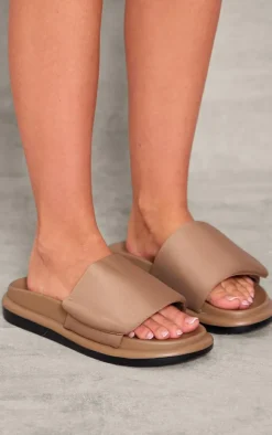 Brown Pu Round Toe Velcro Strap Flat Slider Sandals