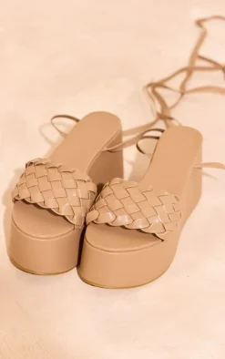 Brown PU Round Toe Woven Strap Lace Up Platform Sandals