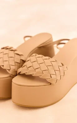 Brown PU Round Toe Woven Strap Lace Up Platform Sandals