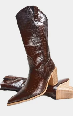 Brown PU Wide Fit Croc Point Toe Knee High Western Boots