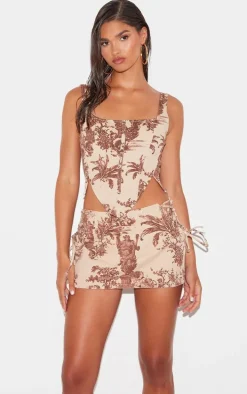 Brown Renaissance Inspired Print Dip Front Denim Corset Top