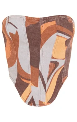 Brown Retro Swirl Print Panelled Denim Corset Top