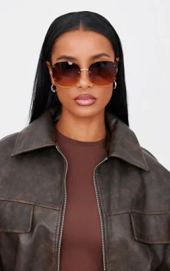 Brown Rimless Oversized Rounded Sunglasses